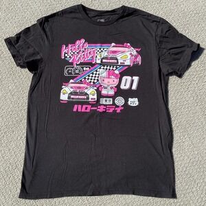 Hello Kitty Racing Black T-Shirt Sanrio Graphic Tee Cute Pink‎ Cars
